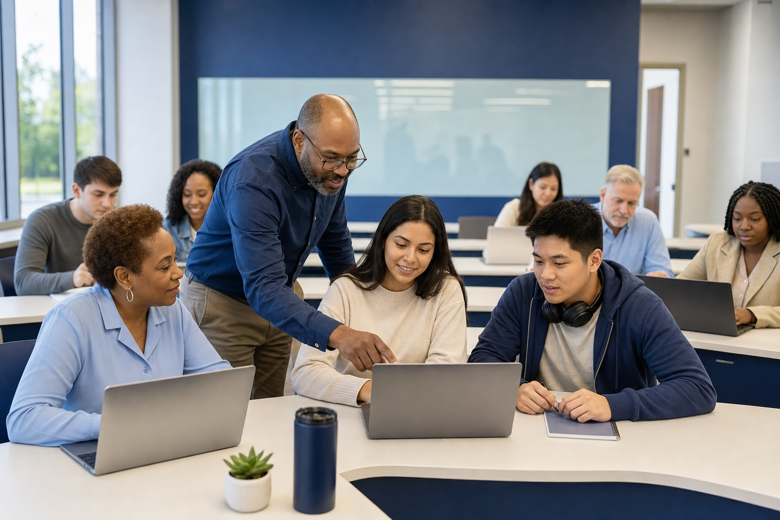 Students and community members gaining hands-on AI experience in a classroom