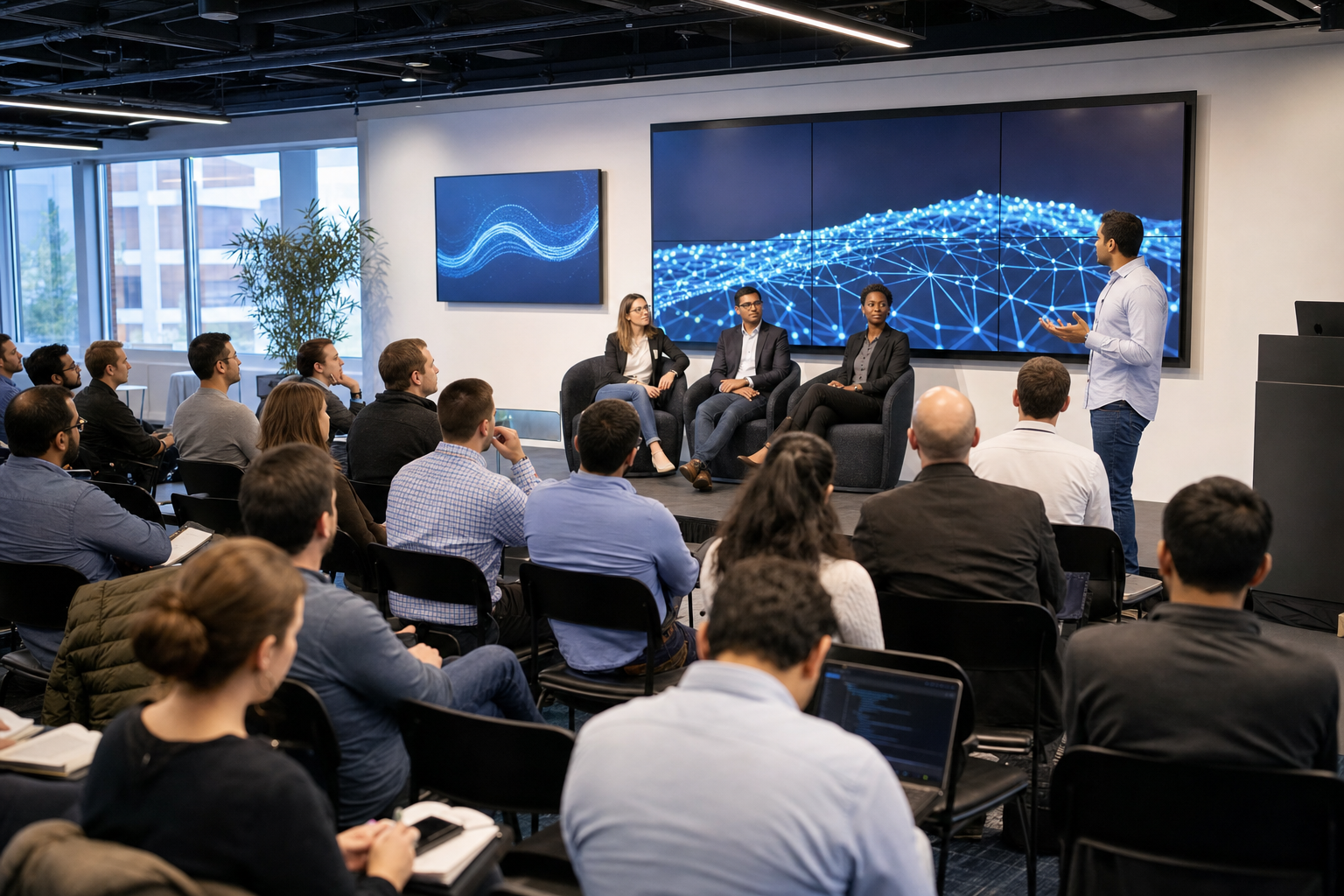 Community members participating in an in-person AI summit event